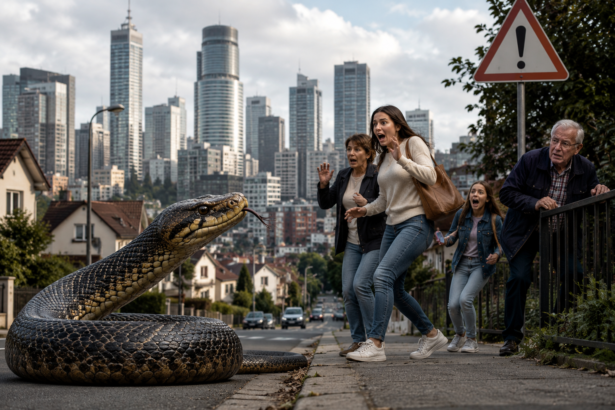 Un serpent fictif près d'habitations