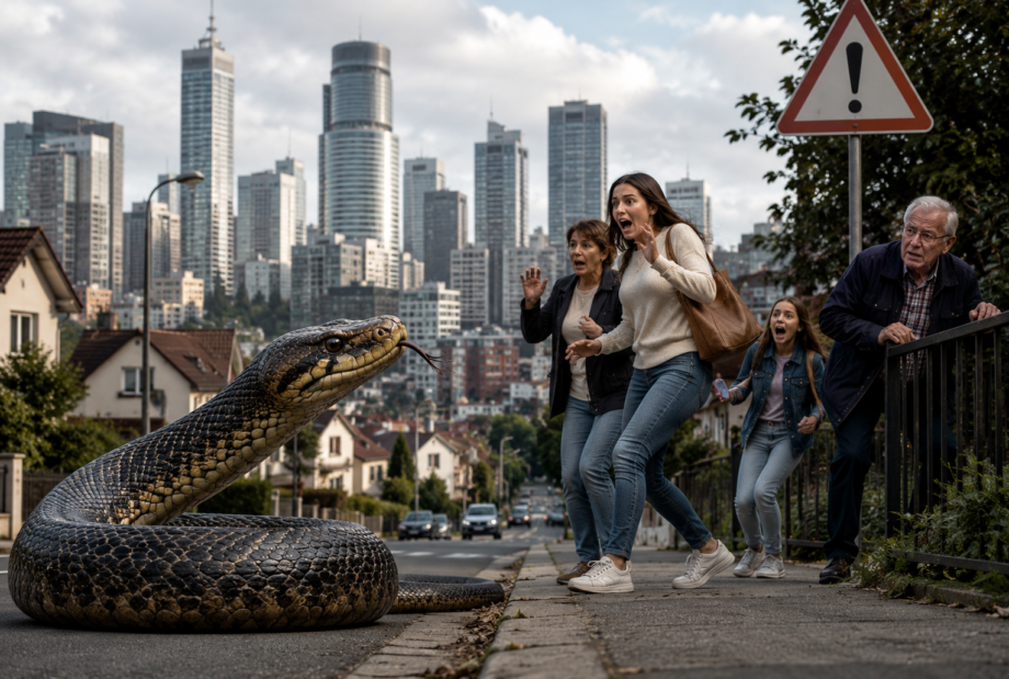 Un serpent fictif près d'habitations